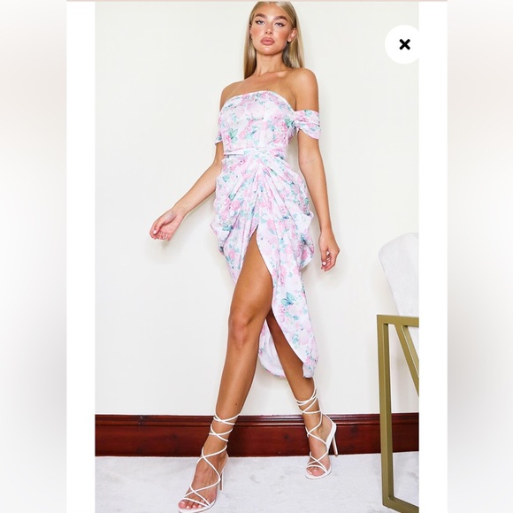 ◾️Pretty Little Thing Nude Floral Bardot Draped Skirt MIDI Dress - Picture 5 of 10
